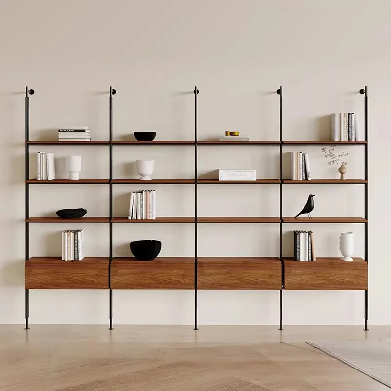 Cream wind minimalist bookshelf bookcase living room floor-to-ceiling multi-layer wrought iron wall-mounted storage solid wood N