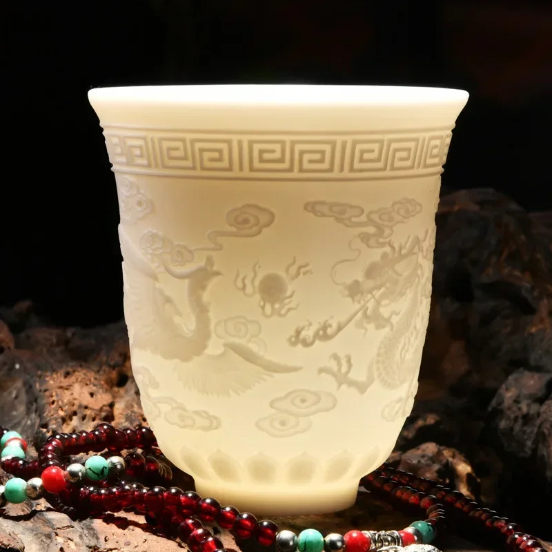 White Jade Embossed Ceramic Dragon and Phoenix Tea Cup Master Kung Fu Tea Set Tea Tasting Cup Household White Porcelain Cup