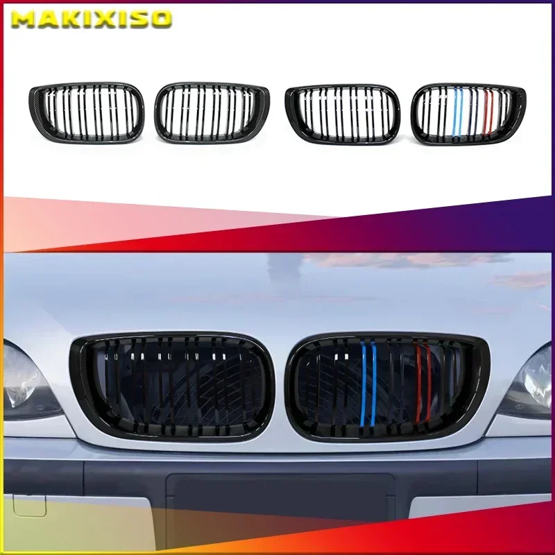 1Pair Car Front Kidney Grills Gloss Black Double Slat Hood Grill for BMW 3 Series E46 2002-2005 Racing Grille Car Replacement