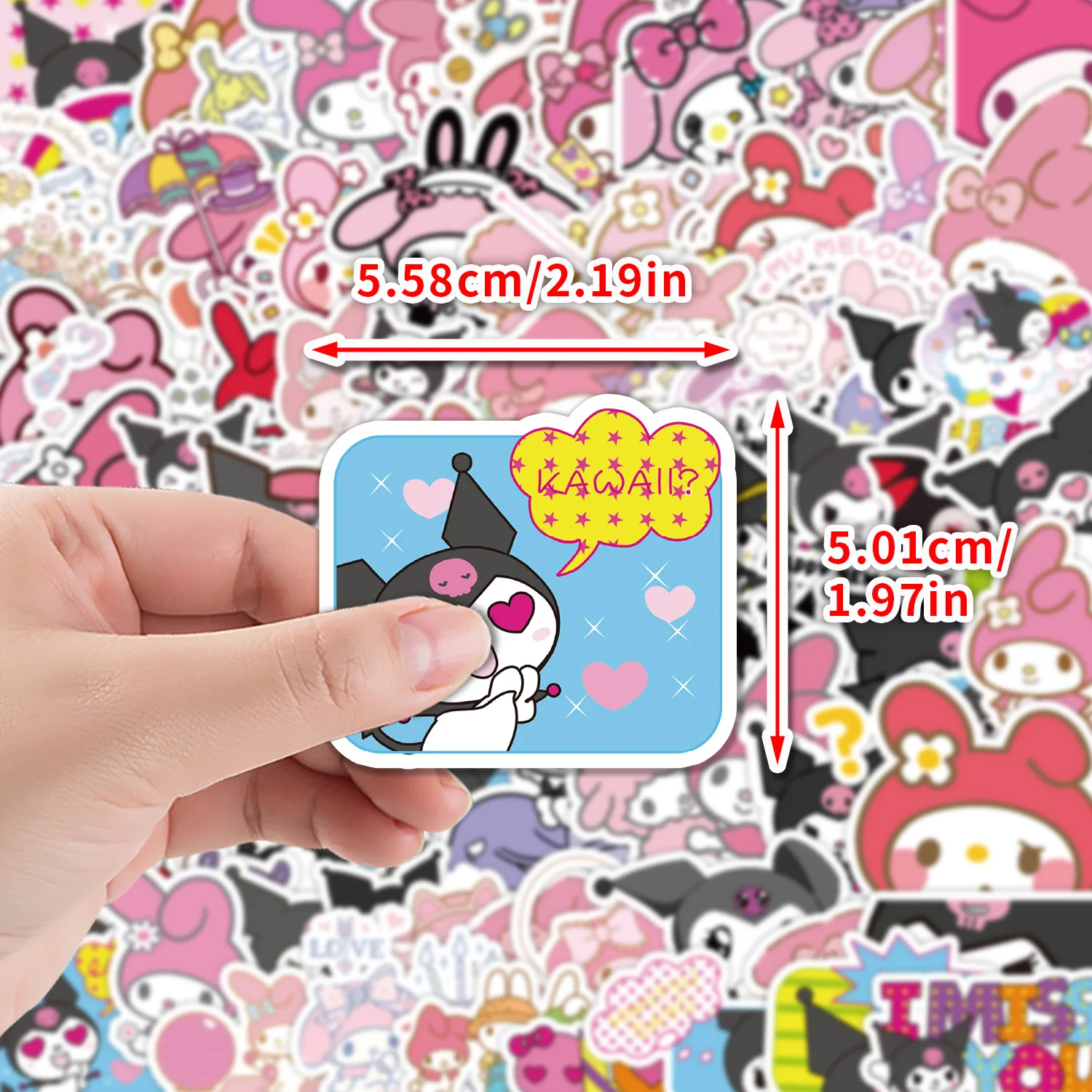 Kawaii Sanrio Adesivo dos desenhos animados para crianças, decalque impermeável, decoração de graffiti, laptop, skate, brinquedo bonito, Kuromi, melodia, 10 pcs, 30 pcs, 50 pcs, 100pcs