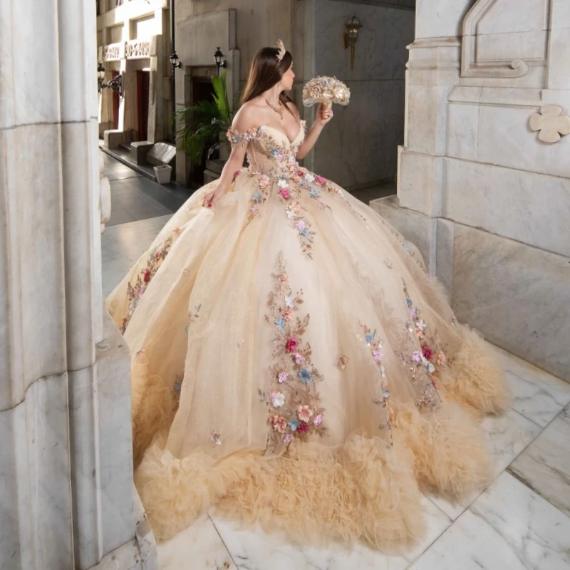 

Champagne Shiny Quinceanera Dresses Off Shoulder Ball Gown Sweet 16 Dress Applique Flower Beading Crystal Tiered Tull Birthday