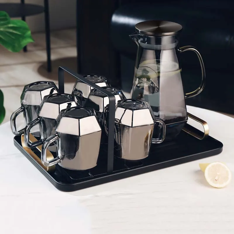 Household High Grade Diamond Glass Tea Cup Water Kettle 9pcs Glass Cup Set With Luxury Clear Coffee Teapot Tea Mugs With Tray