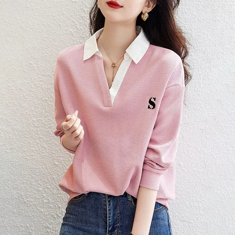 Fashion Lapel Spliced Letter Embroidery T-Shirts Women's Clothing 2023 Autumn Winter Loose Casual Pullovers Commuter Tee Shirt
