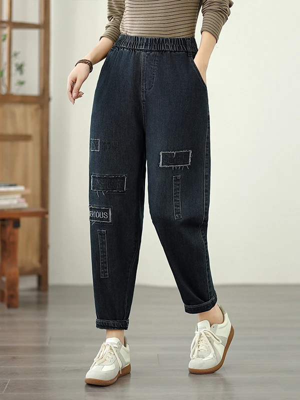 

Slimming Effectiveness Patchwork Embroidery Letter High Waist Casual Cotton Polyester Blend Jeans Ladies Loose Fit Trousers