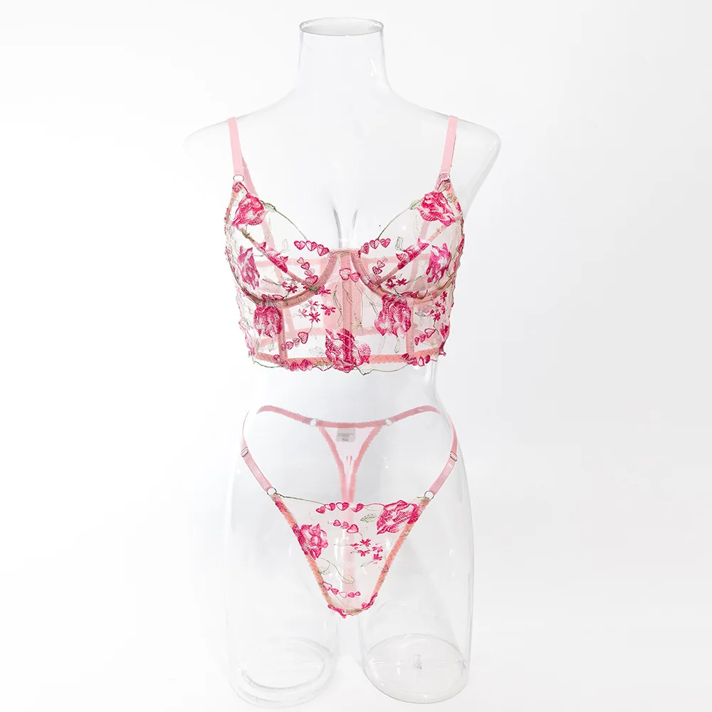 Women\'s Sexy Sweet Perspective Intimates Set Female Mesh Transparent Pink Flower Embroidered Steel Ring Fishbone Underwear Suit