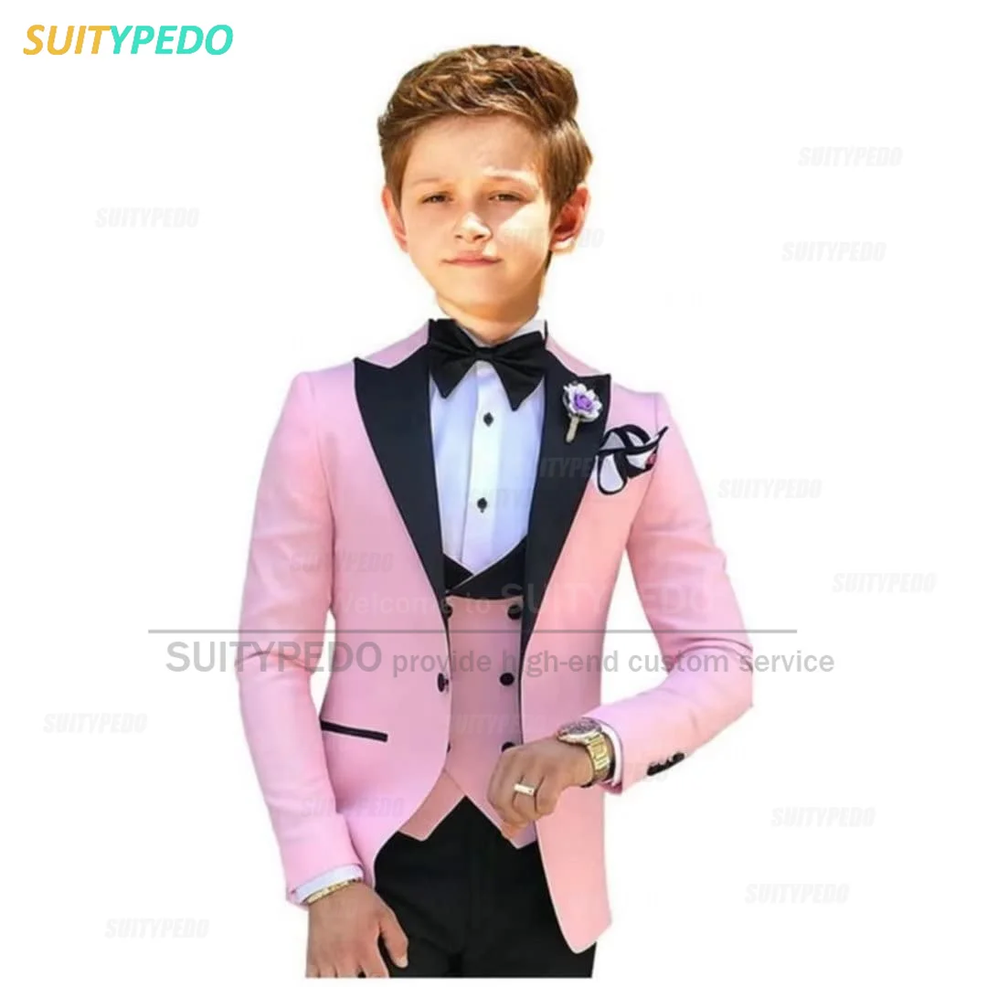 

Classic Tailor-made Pink Peak Lapel Boy Suit Jacket Vest Pants 3 Pcs Child's Graduation Ceremony Host Set Fashion Party Outfit