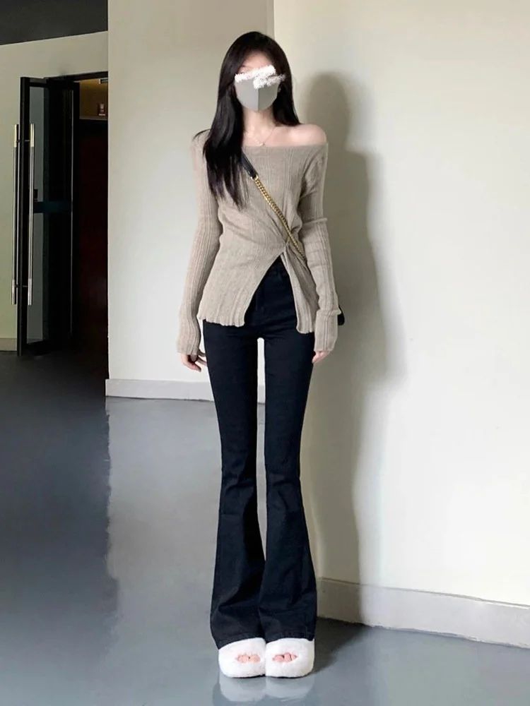 

Slim Fit Knitted One oulder Long Sve Women's Top Korean Sle Commute Faion Casual Sexy Chic Waist Cinched Split Design
