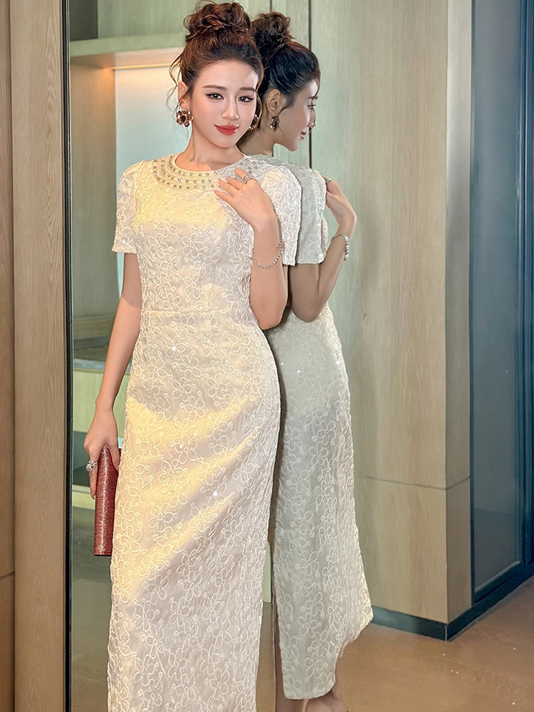 Robe de soirée élégante et Chic pour femmes, célébrité, perles, décolleté en diamant, coupe cintrée, mi-longue, Business