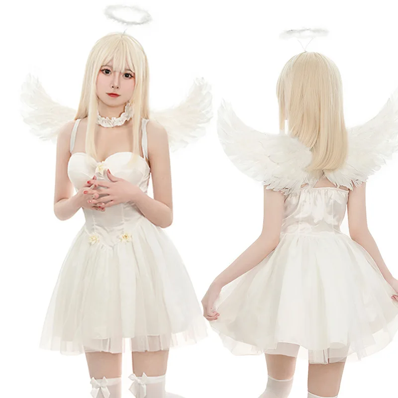 Sexy branco anjo vestido combinando cocar goves e asas halloween fantasma noiva traje zumbi menina cosplay