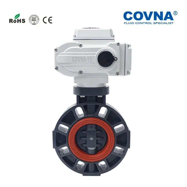 COVNA IP65 Waterproof Electric Actuated Valves Corrosive Resistance UPVC PVC 50mm Motorized Actuator Butterfly Valve