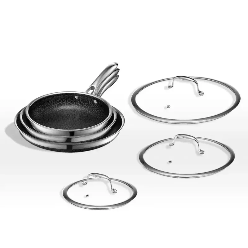 Hybrid 3-Ply Stainless Steel Cookware Set | Honeycomb Non-Stick Wok with Steel Lids - Healthy Durable Kitchen Cooking Set