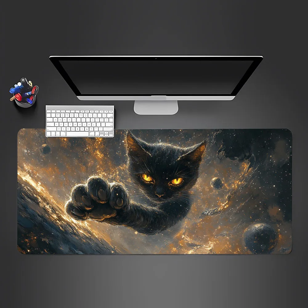 

A high-definition printed black cat mouse pad running hard in the universe, a high-quality computer game accessory desk mat