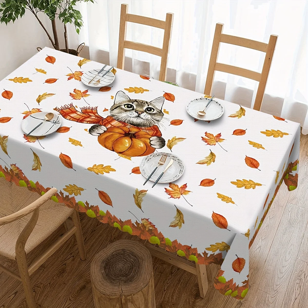 1pcs Autumn Elegant Charming Cat and Pumpkin Pattern Home Living Room Kitchen Dustproof Tablecloth Holiday Party Decoration