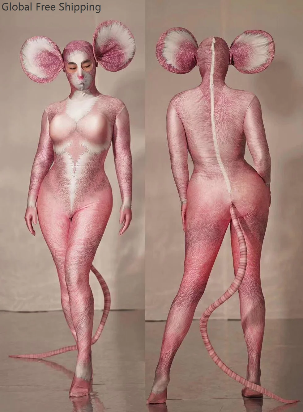Personalized Mouse Role Playing Costume Printed Stretch Halloween Bodysuit Nightclub Cosplay Pink Ears Long Tail Tights Stage