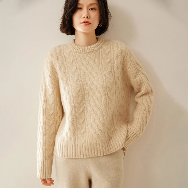 New Autumn Winter Women's 100% Cashmere Thick Sweater O-neck Pullovers Cashmere Knitwear Loose Comfy Jersey Female Clothing Tops