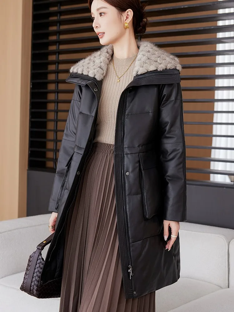 جديد إمرأة شتاء سستة فرو المنك طوق جلد طبيعي أسفل معطف منتصف طول سترة السيدات معطف جلد الغنم الدافئ فضفاض صالح #3