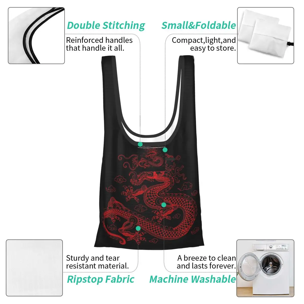 التنين الصيني الأحمر المحمولة حمل أكياس التسوق سعة كبيرة حقيبة المتسوق البقالة حقيبة يد حقيبة الكتف