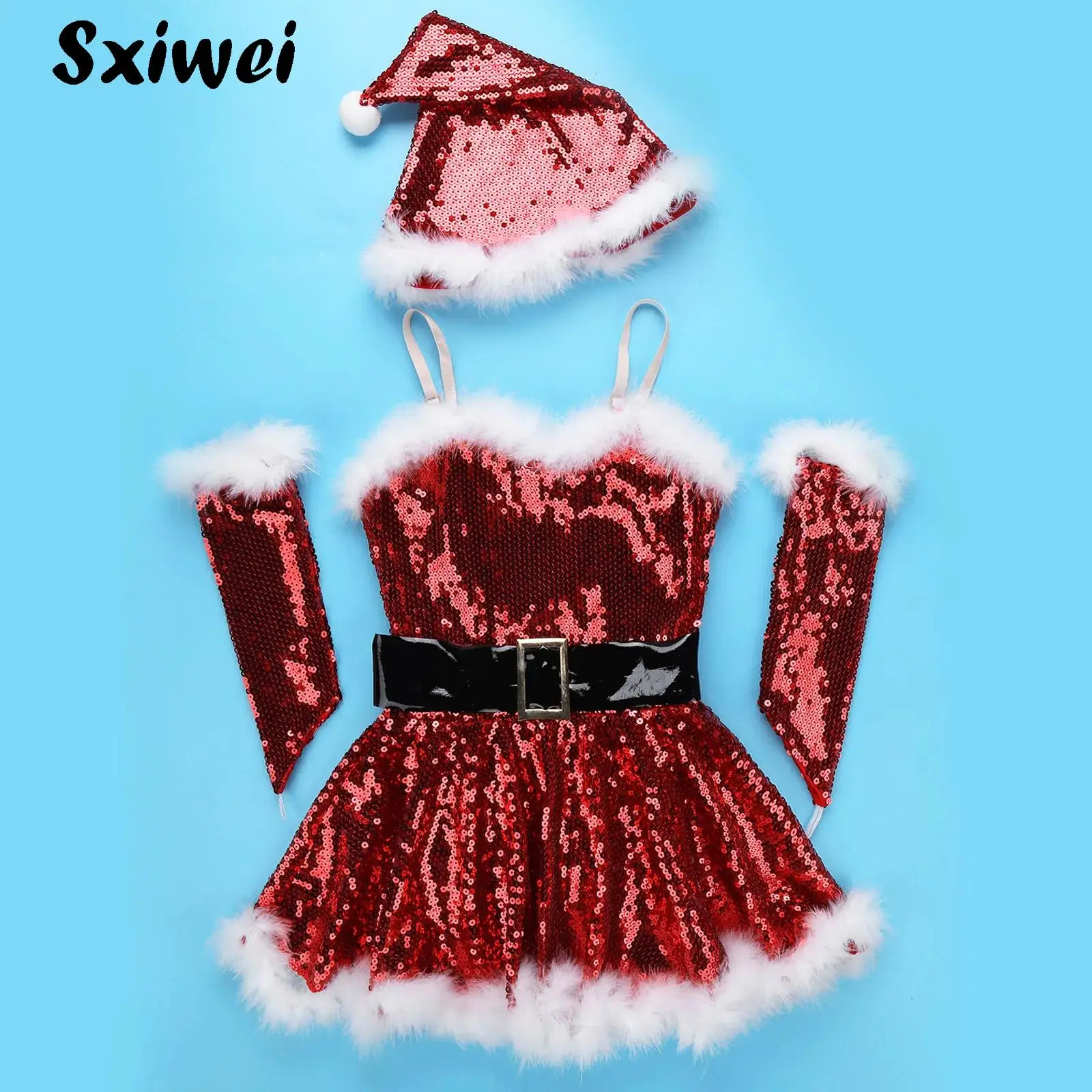 

Christmas Sequins Ballet Tutu Dress Girls Sleeveless Festival Mrs Santa Claus Cosplay Costume Outfits Skating Leotard Dancewear