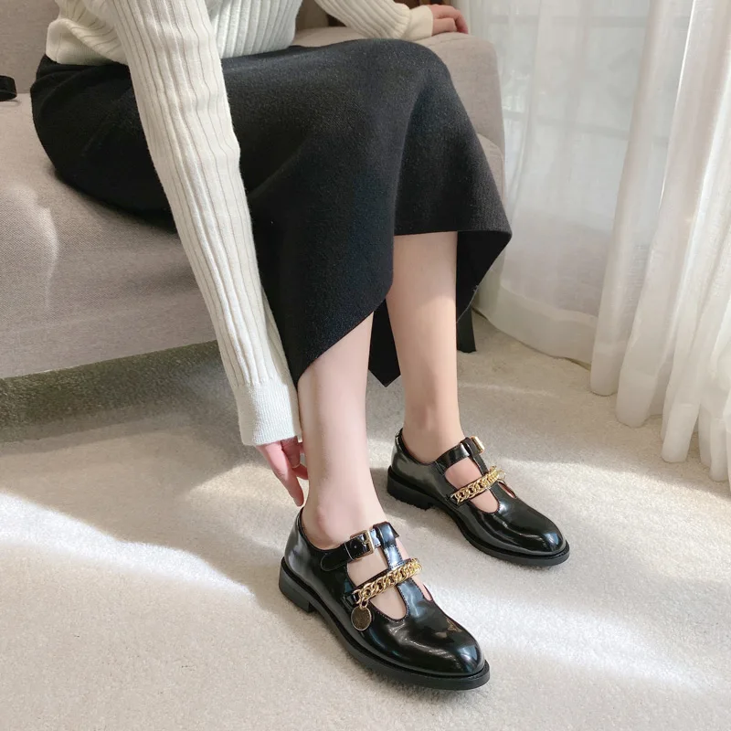 

New Luxury Lolita Japanese Metal Chain Retro Jk Mary Jane Women Shoes Spring 2021 Gothic Black Fashion High Street Mid Heel