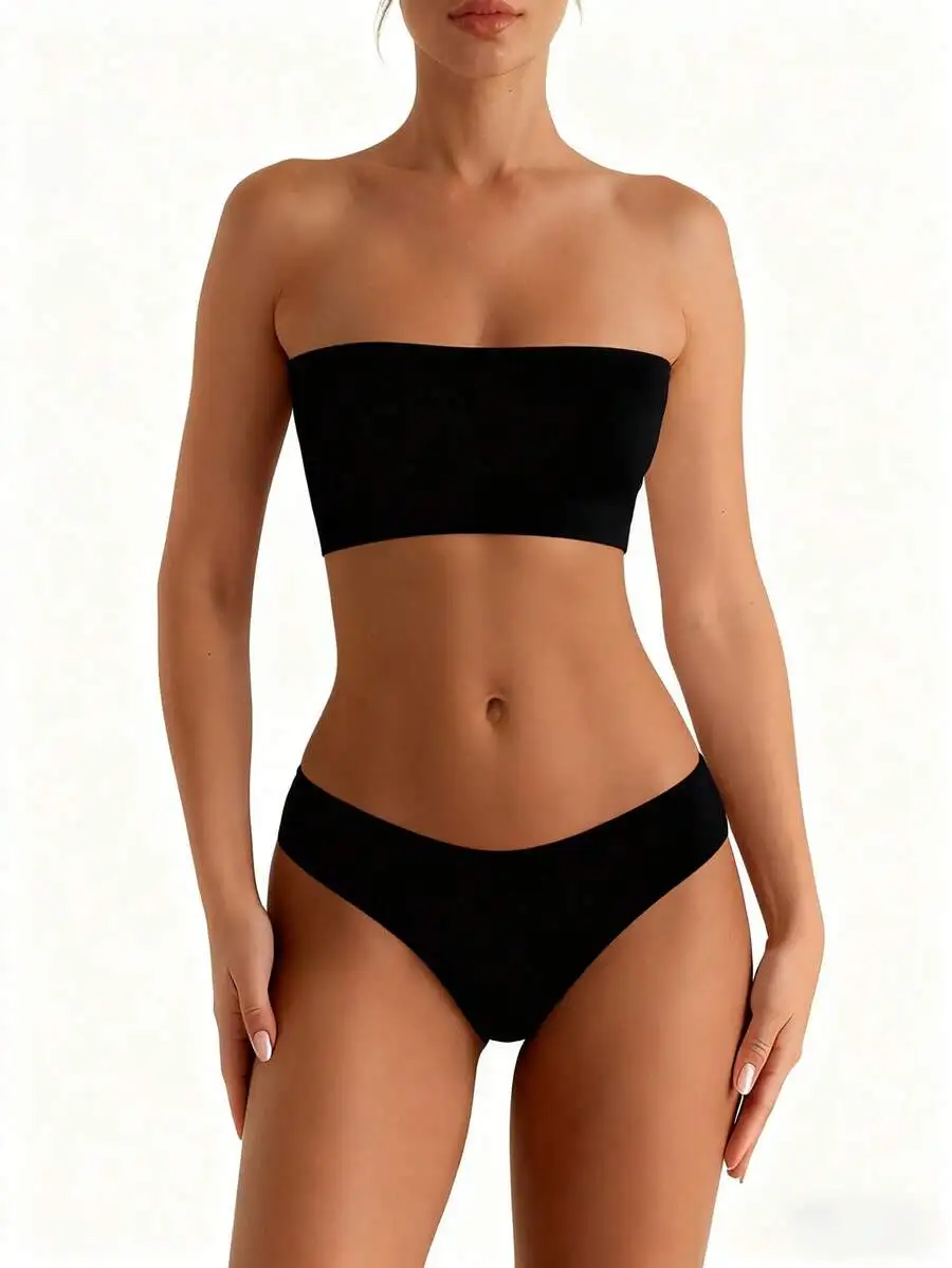 

Black Strapless Cropped Tube Top And Briefs Bikini Set For Women