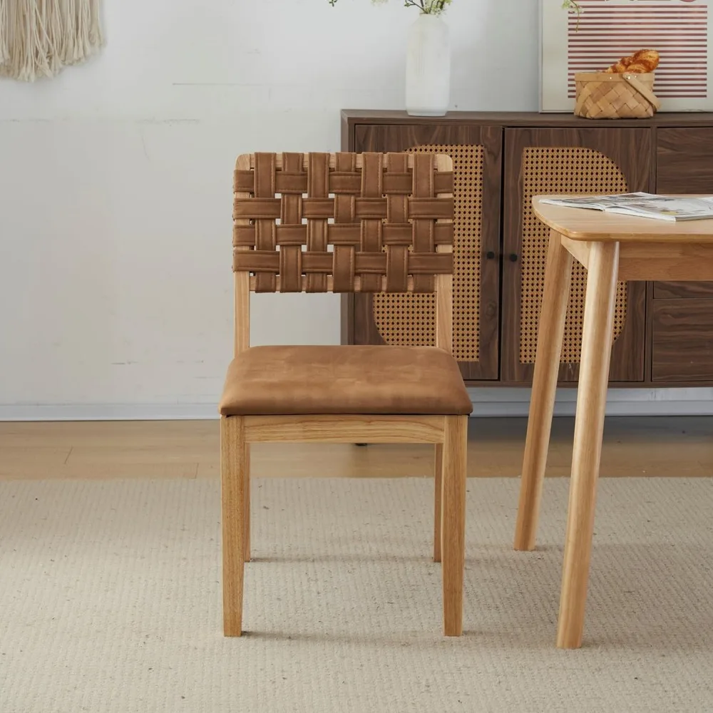 زوج من كراسي تناول الطعام الخشبية المنسوجة باللون البني العتيق، كراسي مكتب حديثة بدون ذراعين مع مسامير وأوتاد قدم، منجدة بعيدًا
