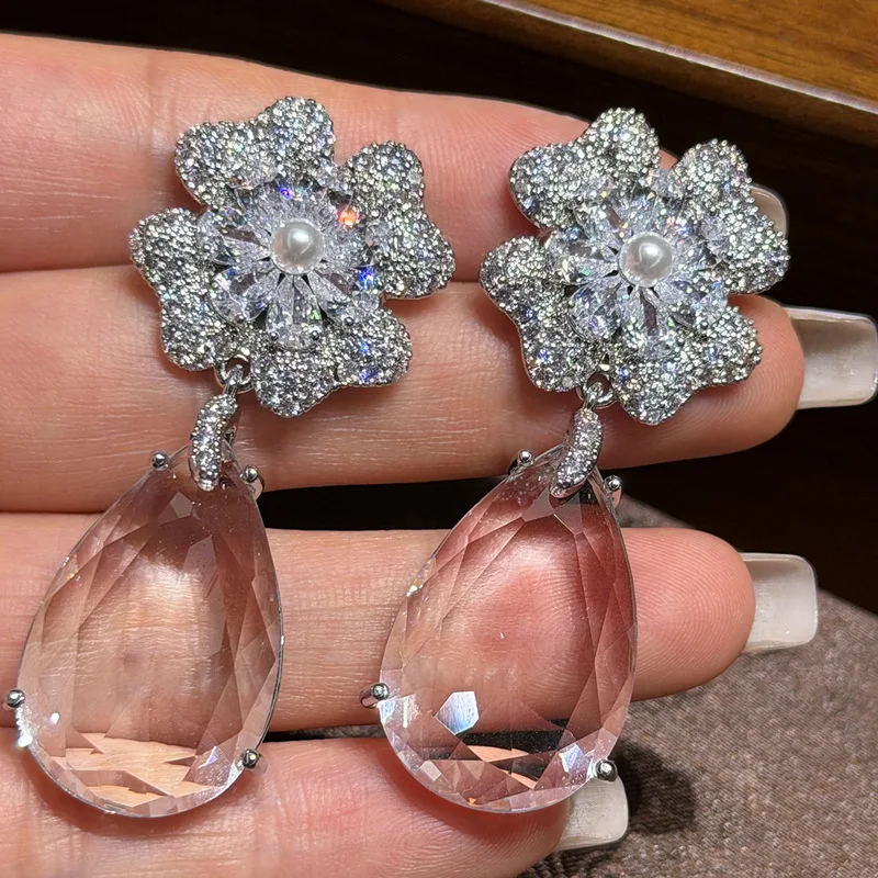 Flower Pearl Cubic Zirconia Teardrop Dangle Earrings Large Clear Water Drop Crystal Silver Plated Long Drop Earrings Luxury