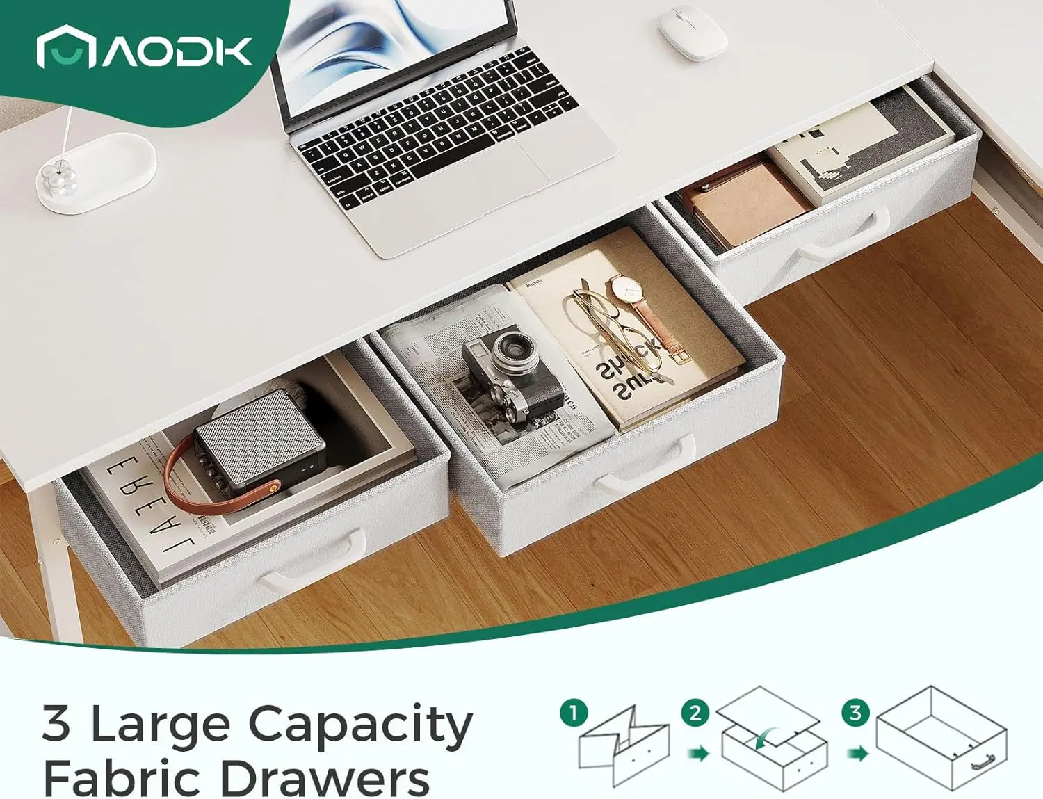 Mesa com 3 gavetas e tomadas elétricas, mesa branca de 47" com prateleira de armazenamento, mesa de canto com espaço espaçoso sob a mesa, escritório doméstico
