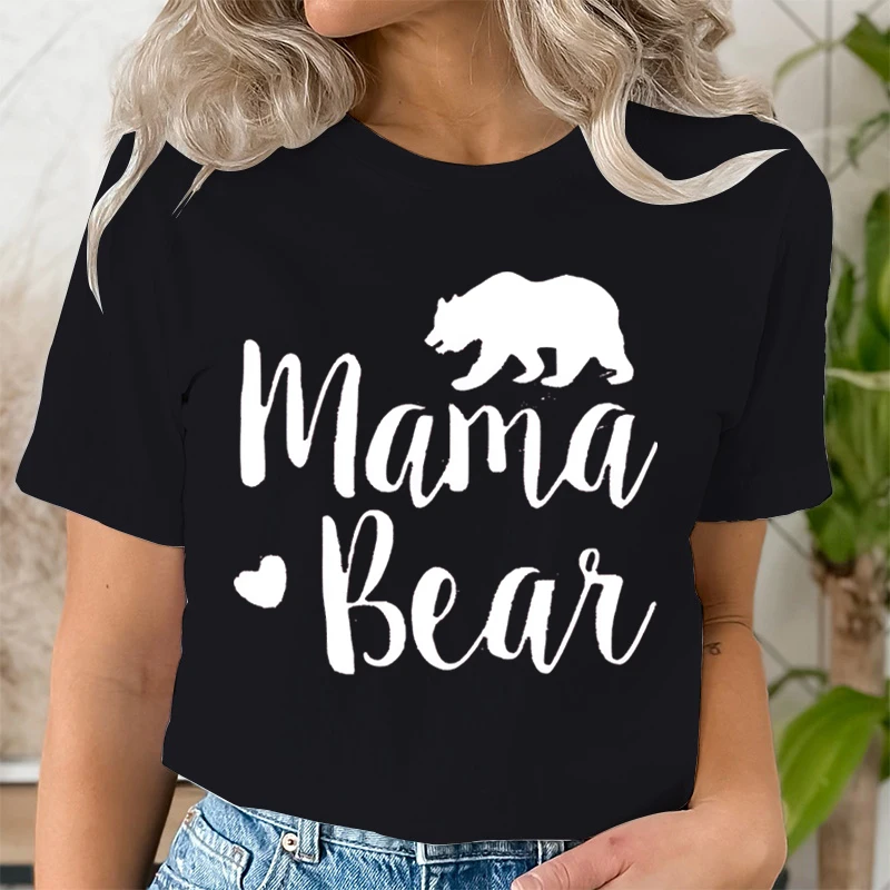 Mama Bear Print T Shirt Women Kawaii Graphic Shirts Casual Short Sleeved Black Female Tee O-neck Harajuku T-shirts Mom Y2k Top