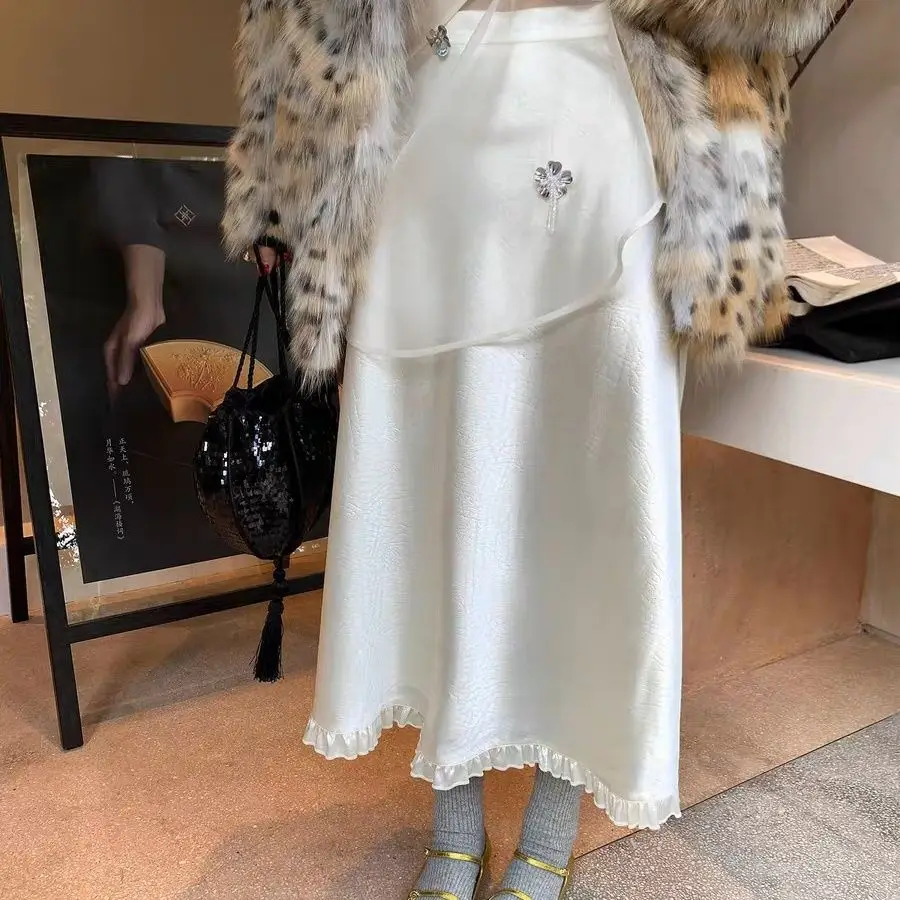 

Gagarich 2025 Korean style new versatile romantic simple cracked texture glossy satin pleated lace skirt