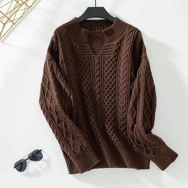 Autumn Winter 2024 New Women's Sweater Knitting Fried Dough Twists V-neck Loose casual winter knitting soft warm top chic solid