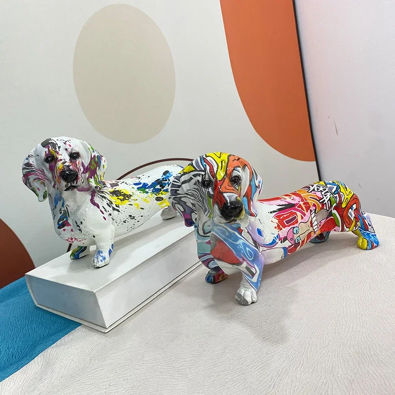 

Resin Dachshund Dog Painted Graffiti Art Figurines for Interior Collection Item Home Living Room Desktop Decor Object