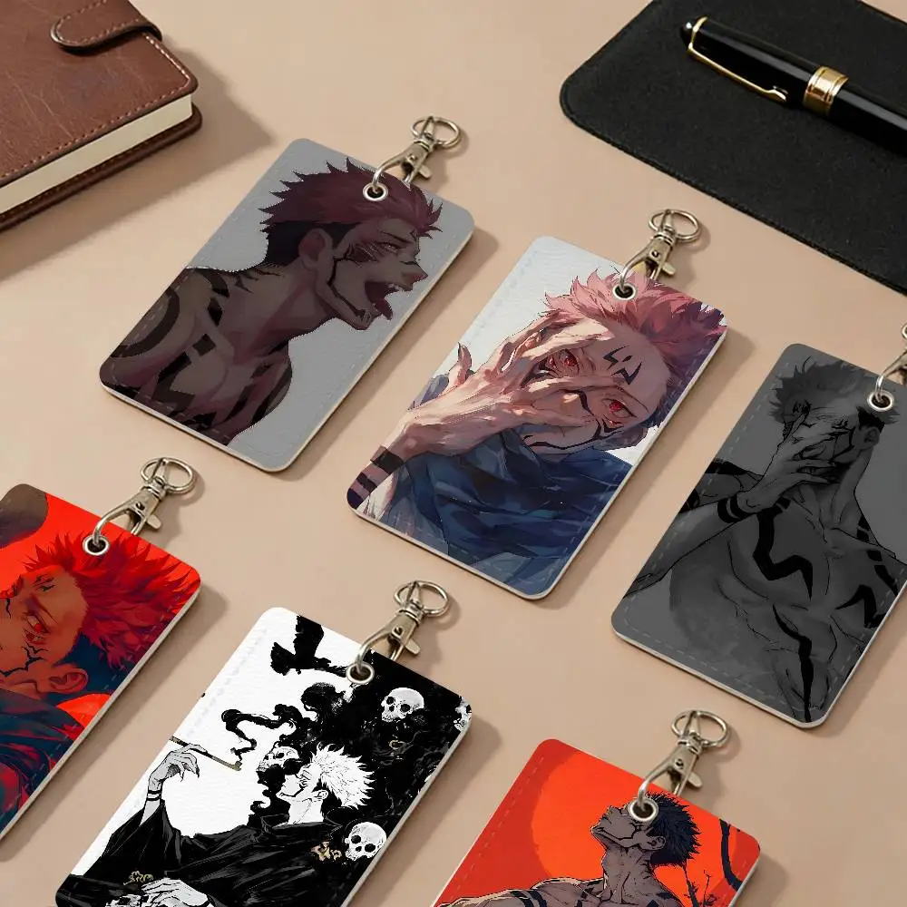 Anime Sukuna PU Leather Card Holders Anti-lost Student ID Protective Cover Cases Campus Access Cards Key Chain