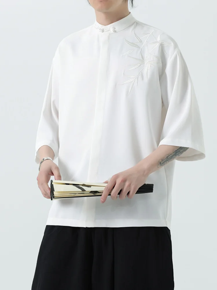 

Новая мужская белая рубашка в китайском стиле из ледяного шелка с коротким рукавом, вышитая, в стиле Ханьфу, тонкая, летняя, модная, повседневная, свободного кроя