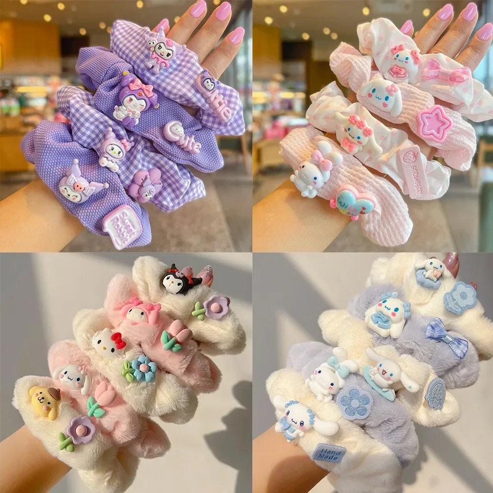 

4/5Pcs Kawaii Cute Kuromi Cinnamoroll Cartoon Pink Elastic Force Hair Band Girl High Ponytail Hair Accessories Festivals Gift