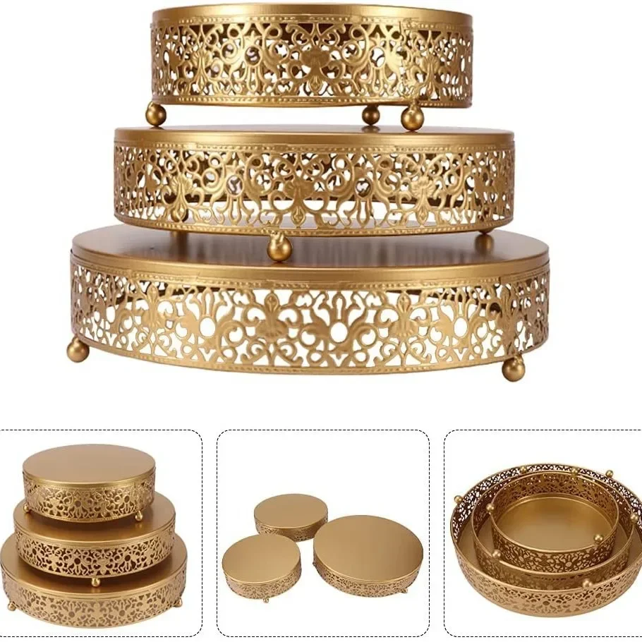 3PCS Metal Gold Cake Round Stands for Dessert Cupcake Table Set Wedding Brithday Party Celebration Dessert Candy Display Plates