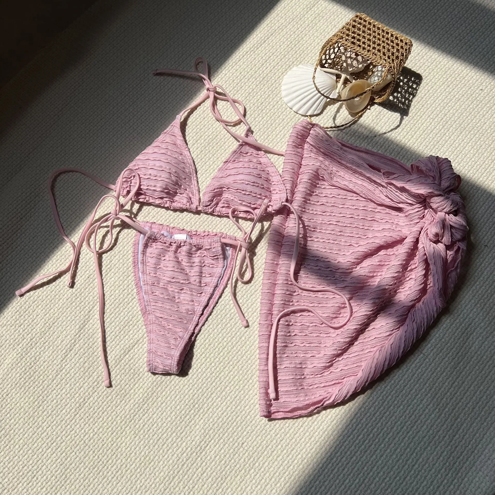 Conjunto de Bikini liso de 3 piezas para mujer, bañador Sexy con cubierta de playa, traje de baño de vendaje sin espalda, novedad de 2024