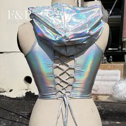 Silver Holographic Women Hoodies Top Rave Festival  Lace up Top Clothes Outfits  Laser Hologram Foil Fabric Women Tank Top