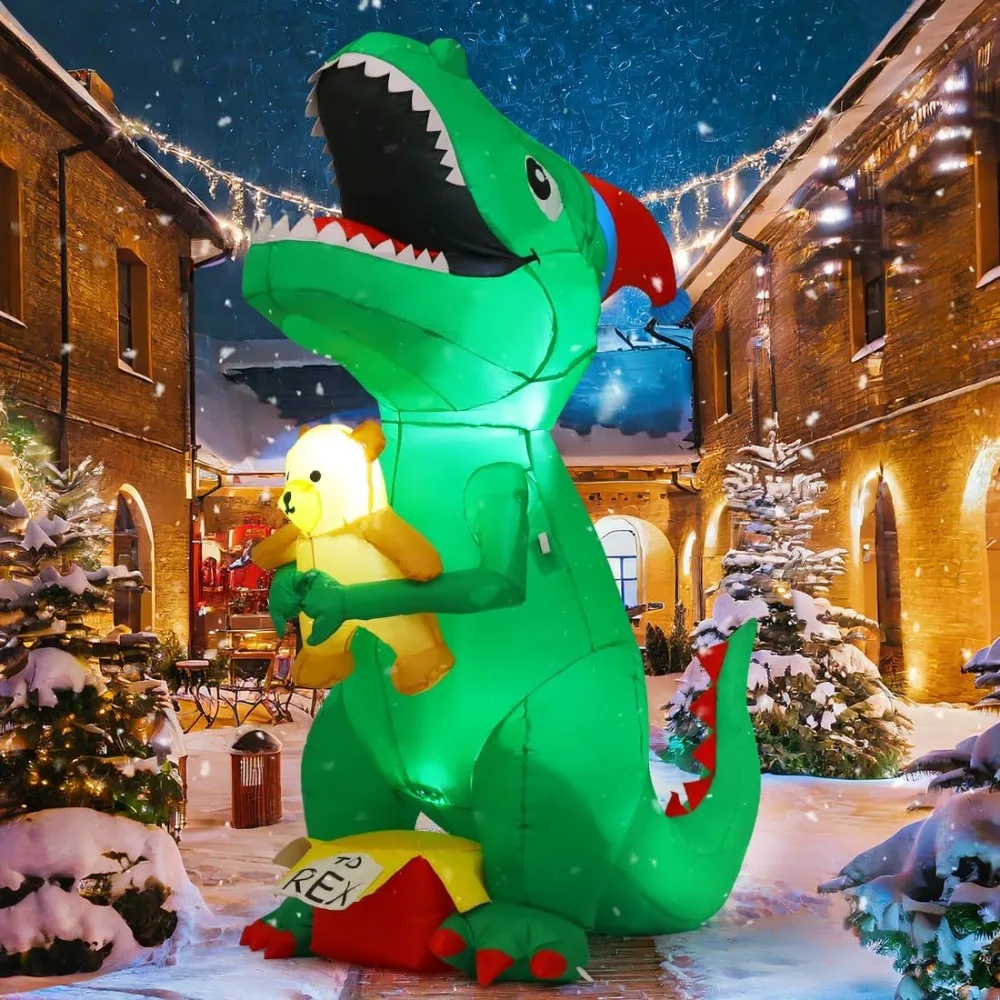 

6.5 FT Christmas Inflatables Dinosaur Outdoor Decorations Blow Up Yard T Rex with Xmas Hat Holding a Bear with Built-in LE