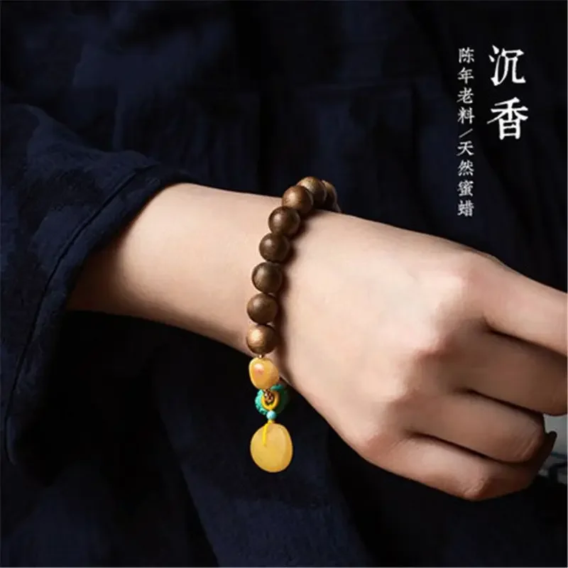 UMQ Agarwood Beeswax Safety Buckle Bracelet Multi-Treasure Buddha Beads Classical Atmosphere National Style Men and Women