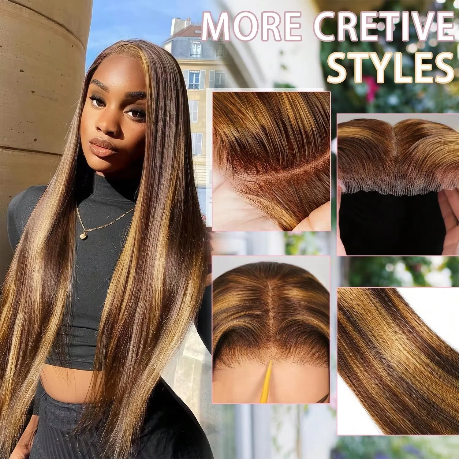 P4/27 Highlight Colored Human Hair Wig 13x4 13x6 HD Transparent Lace Frontal Wig Brazilian Remy Hair Pre Plucked Baby Hair 200% Density Long Wigs For Women 30 40 Inches view 7