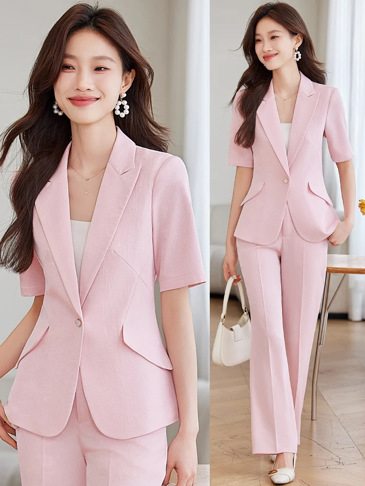 Pink Slim Fit Workwear Suit Set Women's Summer New Style Short Sleeve Formal Outerwear Polyester Fiber One Button Pure Color