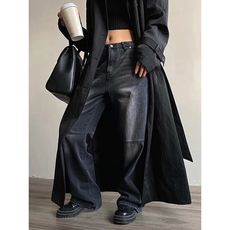 Design Pocket American Retro Distressed Straight Jeans Women's Versatile Loose Cargo Pants High Street Fashionable Trousers