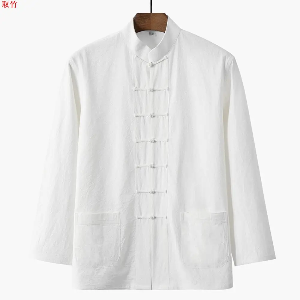 Xianui Tang Cinese Sle Cotone Lino da Uomo irt Lungo Sve Colletto alla coreana Retro Abiti Buddisti Hanfu Morbido Lucido Slim Fit