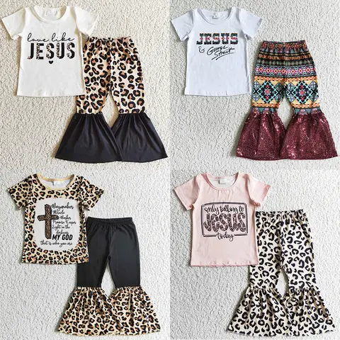 Fashion Baby Girl Clothes Toddler Outfits Boutique Kids Clothes Girls Leopard Bell Bottoms Set Star 4th of July Girls Clothing