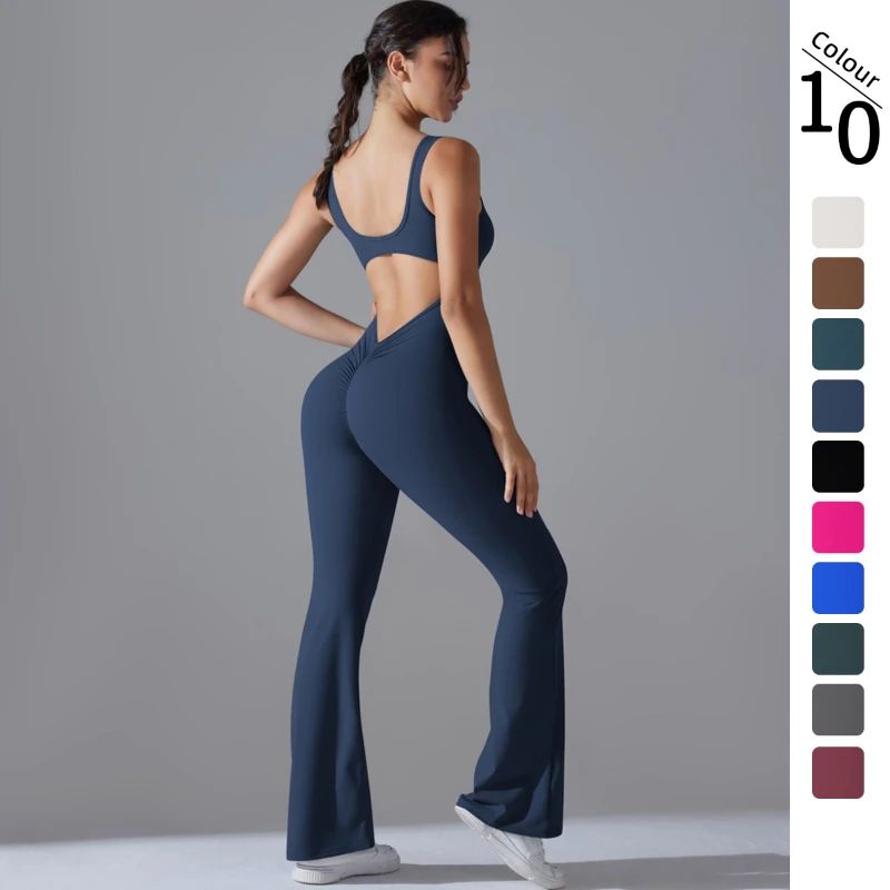

Solid color beautiful back and hip lift long slim wide leg onesie sports running fitness onesie yoga clothing quick drying breat