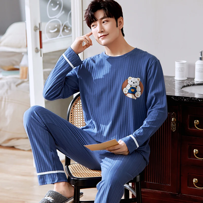 Plus Size Casual Men Spring Autumn Nightwear Knitted Cotton Pajamas Set Long Sleeved Long Pants Fashion Elegant Mens Leisure