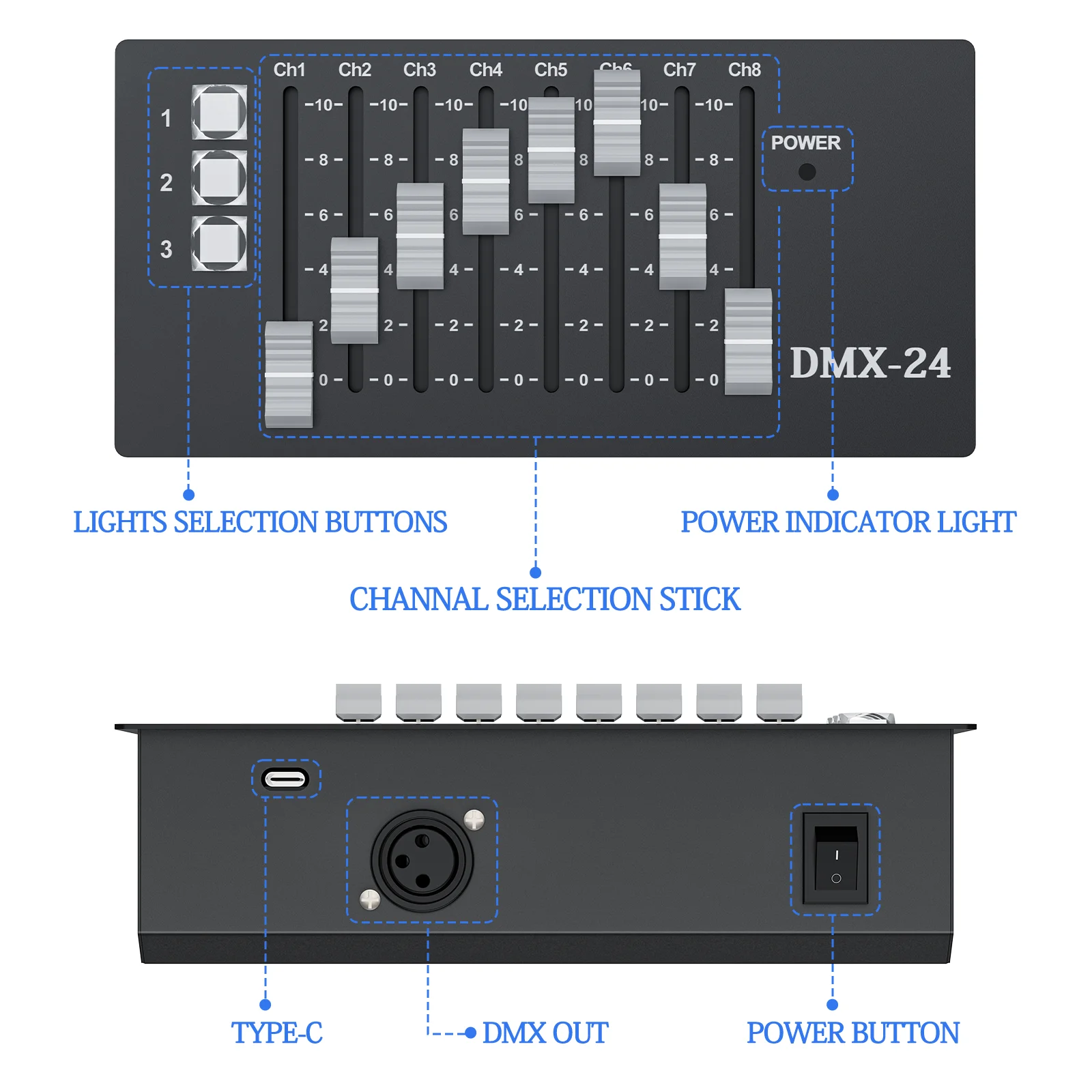 24-Way DMX Console 24 channels With Battery 5V 3 PCS Light Buttons 8 PCS Faders for Live Concerts KTV DJs Clubs