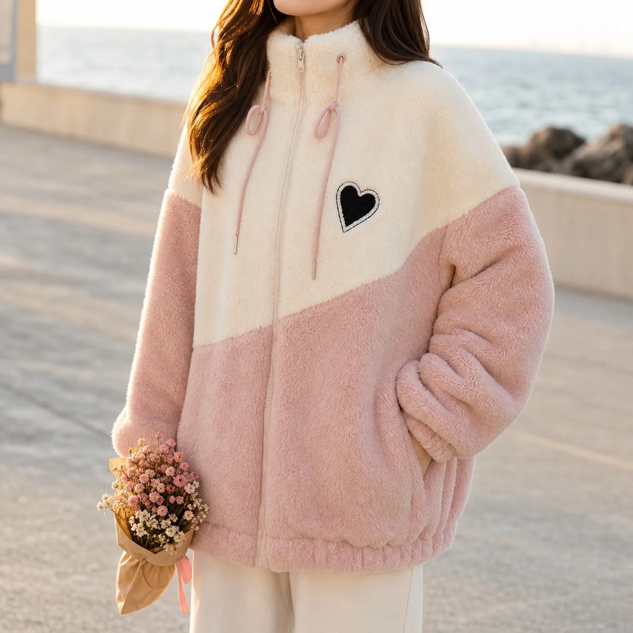 Women's Winter Female Stand Collar Thick Loose Fit Sweet Patchwork Geometric Pattern Long Regular Sleeve Zipper Closure Jacket