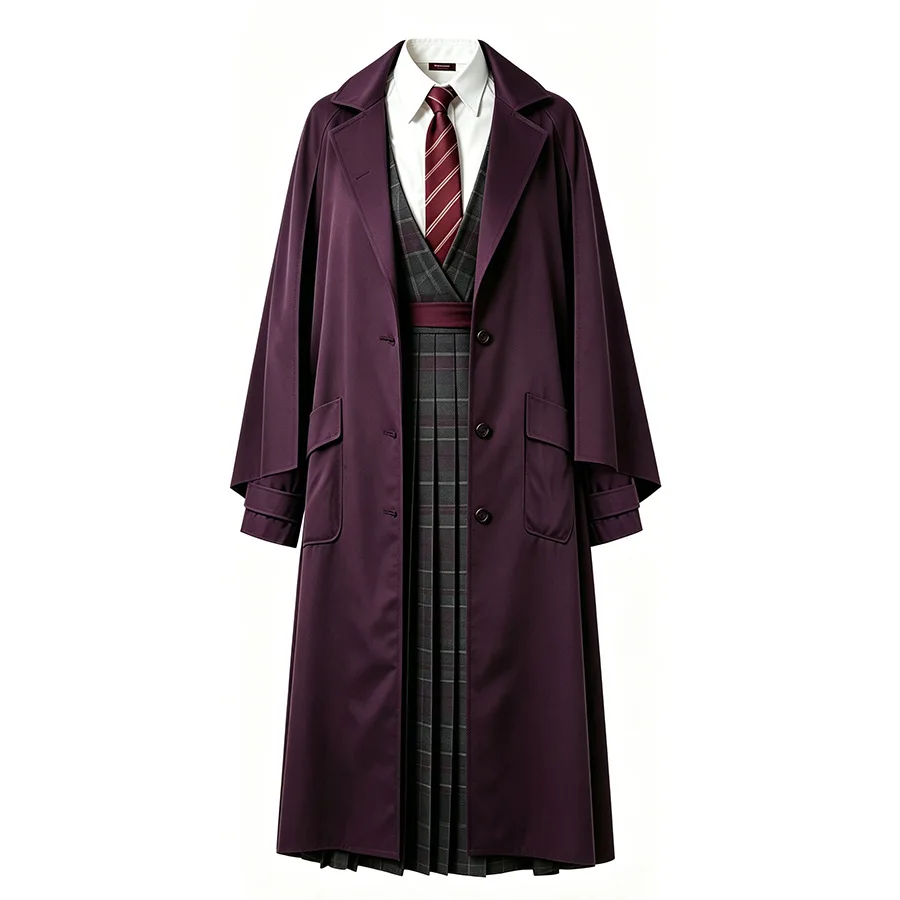 New TV Hermione Granger Uniform Set Purple Wizard Coat Tartan Pleated Dress with Tie Belt Dark Academia Hogwarts Cosplay Costume view 5
