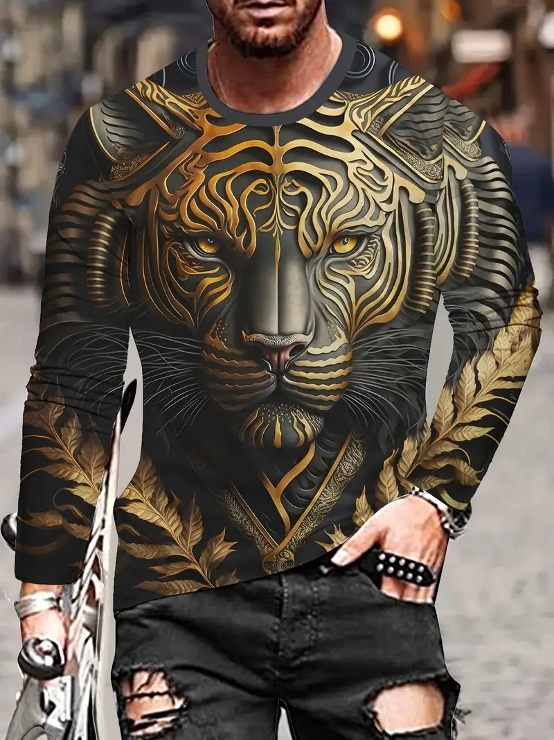 

Модная мужская футболка с длинным рукавом с 3D принтом тигра, осенняя повседневная мужская футболка с длинным рукавом с животными, уличная мужская одежда, топы